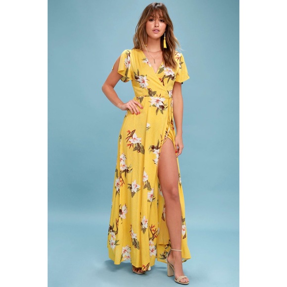 Lulus Dresses & Skirts - NWT Lulu’s Heart of Marigold Yellow Tropical Print Wrap Maxi Dress. Size XS